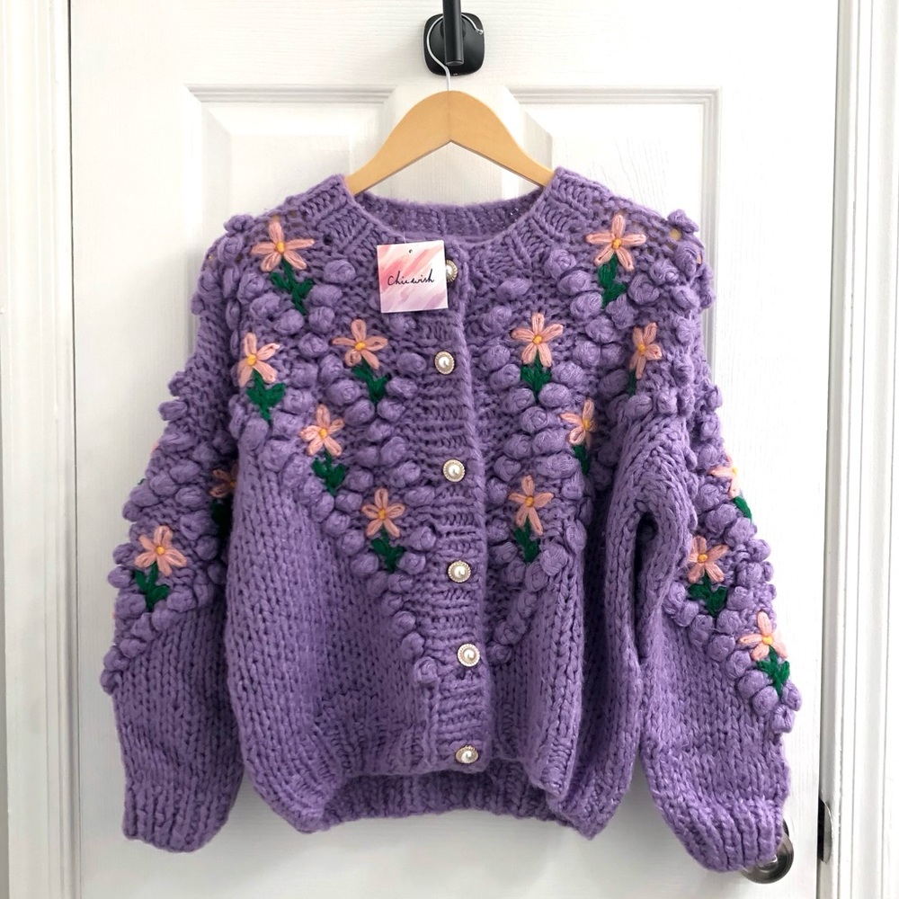 Chicwish Purple Knit Cardigan with Floral Design